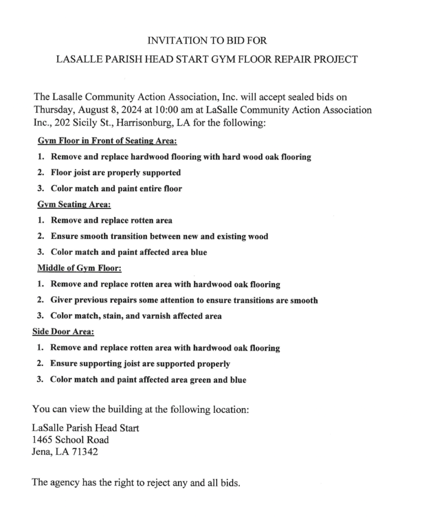 INVITATION TO BID FOR LASALLE PARISH HEAD START GYM FLOOR REPAIR PROJECT